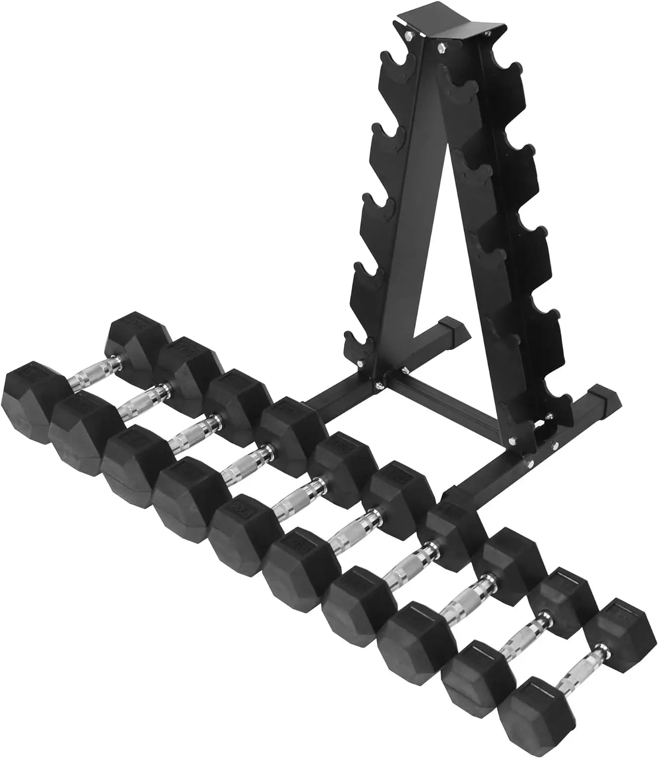Rubber Coated Hex Dumbbell Weight Set and Storage Rack, From 10lbs to 30lbs.