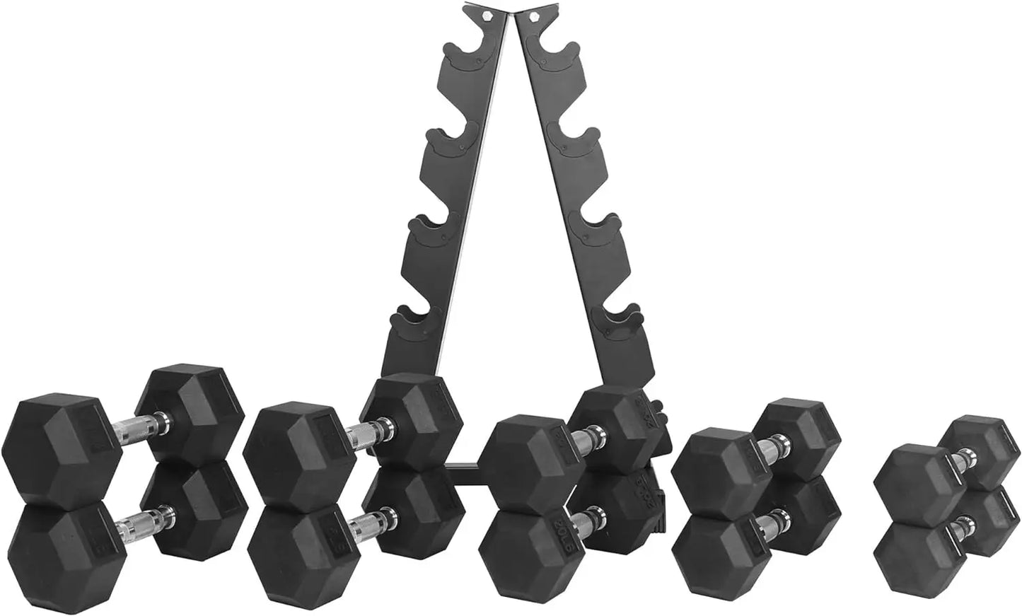 Rubber Coated Hex Dumbbell Weight Set and Storage Rack, From 10lbs to 30lbs.