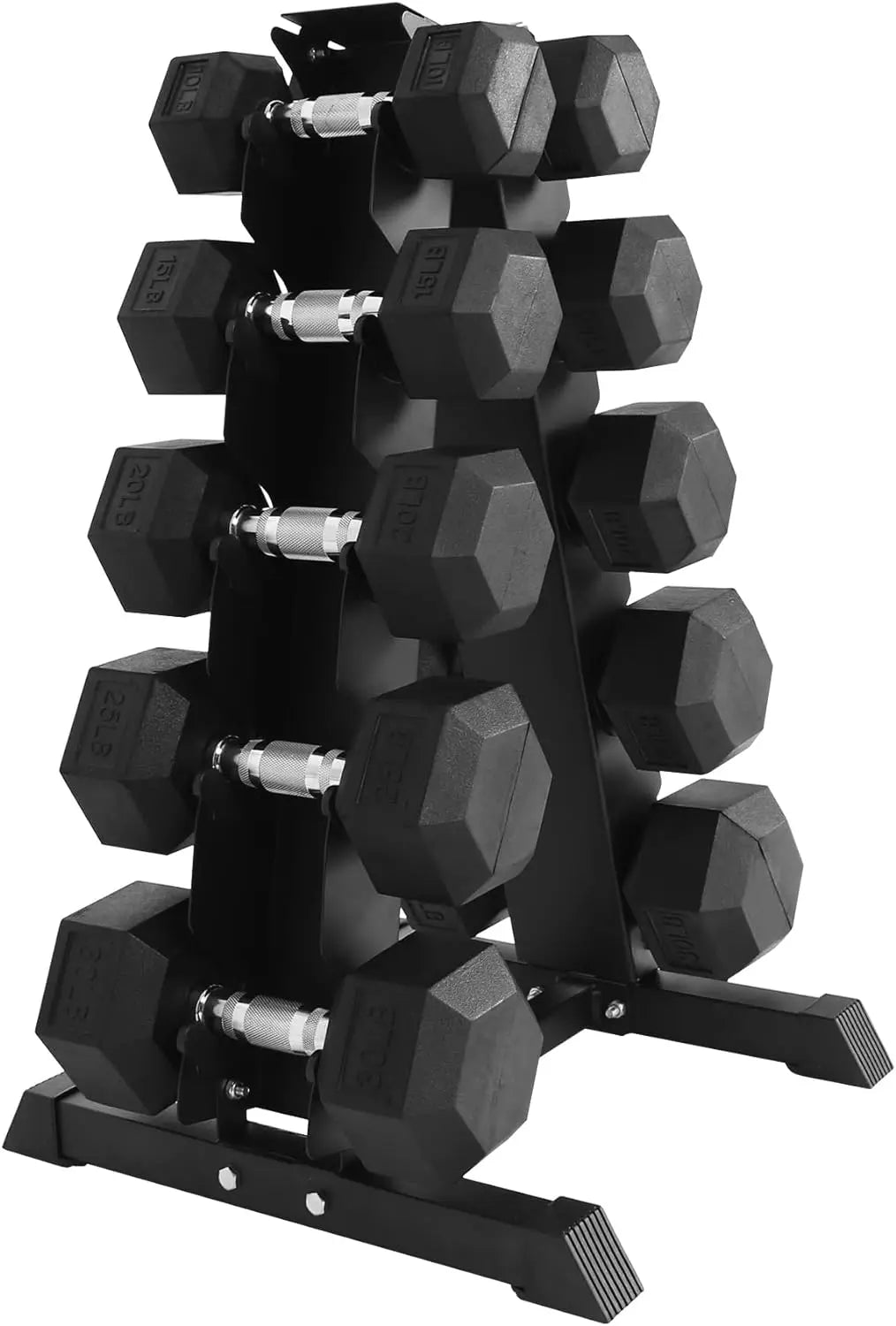 Rubber Coated Hex Dumbbell Weight Set and Storage Rack, From 10lbs to 30lbs.