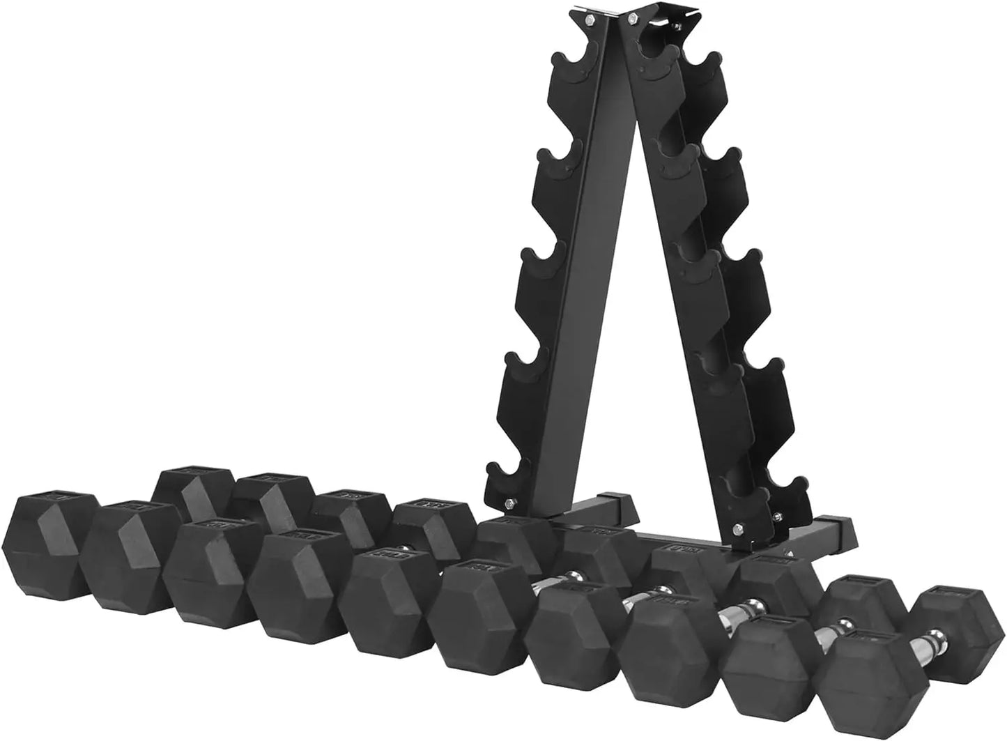 Rubber Coated Hex Dumbbell Weight Set and Storage Rack, From 10lbs to 30lbs.